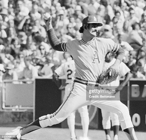 Dodger Stadium: Oakland Athletics pitcher Rollie Fingers hurls from the mound in the World Series opener against the Los Angeles Dodgers. Fingers,...