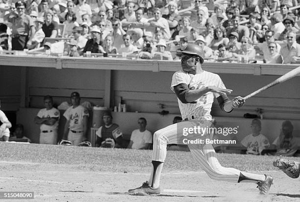 Willie Mays of the New York Mets is shown here batting against the Los Angeles Dodgers at Shea Stadium.