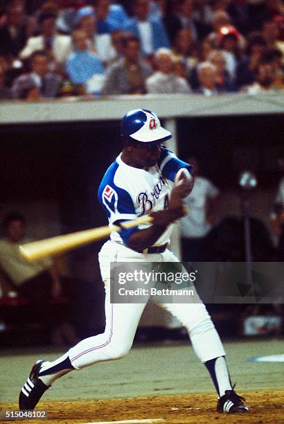 Atlanta Braves slugger Hank Aaron swings during the 1974 All-Star Game at Forbes Field in Pittsburgh, Pennsylvania. On April 8th, Aaron became the...