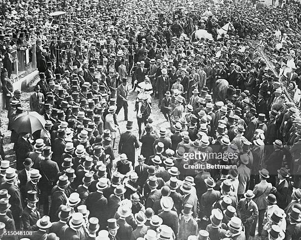 "Capt. Cuttle" Wins English Derby. Epsom, Surrey, England: Capt. Cuttle, with jockey Donoghue up, returning to the judges' stand following his...