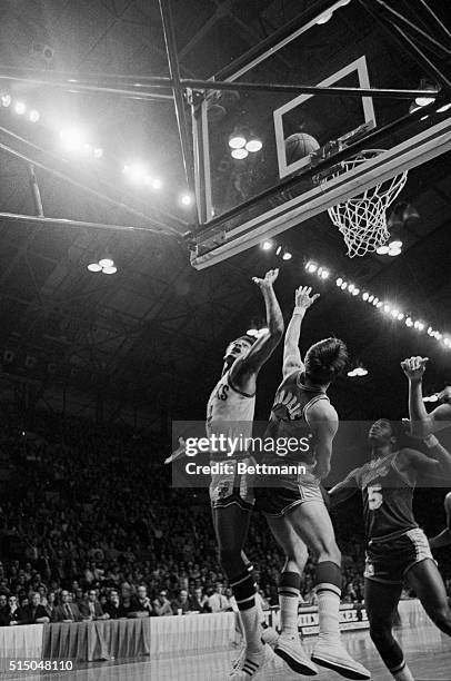 Milwaukee: Los Angeles Lakers Wilt Chamberlain went close to the net to stop Milwaukee Bucks Lew Alcindor from taking a shot during the Bucks-Lakers...