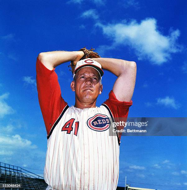 Florida: Joe Nuxhall of Cincinnati Reds during spring training. April 1964.