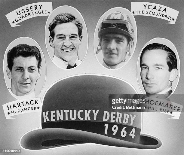 Scheduled to ride the top horses in the Kentucky Derby here 5/2 are Willie Shoemaker, who rides the favorite, Hill Rise; Bill Hartack on second...