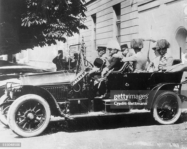 Archduke Francis Ferdinand, heir to Austria's throne, and his wife, Duchess Sophie, leave in an open car after visiting the Sarajevo Senate House....