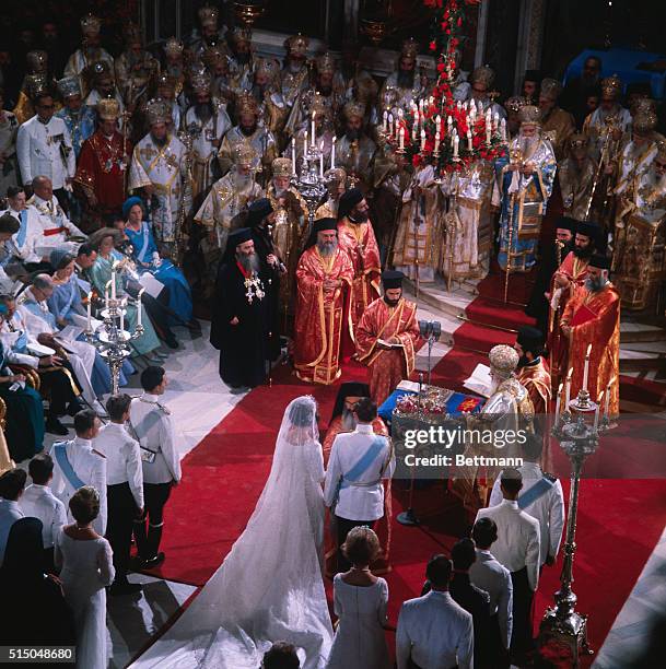 Athens: Ground view of wedding ceremony between King Constantine of Greece and Anne Marie of Denmark. In background are seen Queen Frederika, King...