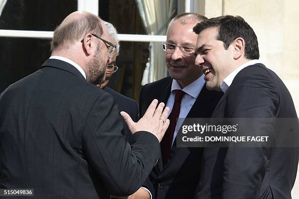 Greek Prime minister Alexis Tsipras and Bulgarian President of the PES, Sergei Stanishev speak with EU Parliament President Martin Schultz at the...