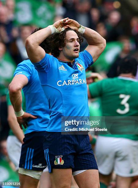 Michele Campagnaro of Italy shows his dejection after Ireland's third try during the RBS Six Nations match between Ireland and Italy at Aviva Stadium...