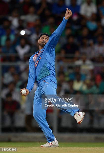 Harbhajan Singh of India bowls during the ICC Twenty20 World Cup warm up match between India and South Africa at Wankhede Stadium on March 12, 2016...