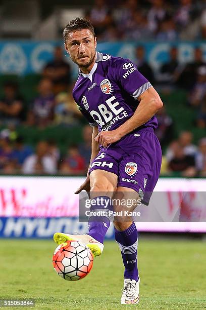 Dino Djulbic of the Glory passes the ball during the round 23 A-League match between the Perth Glory and the Central Coast Mariners at nib Stadium on...