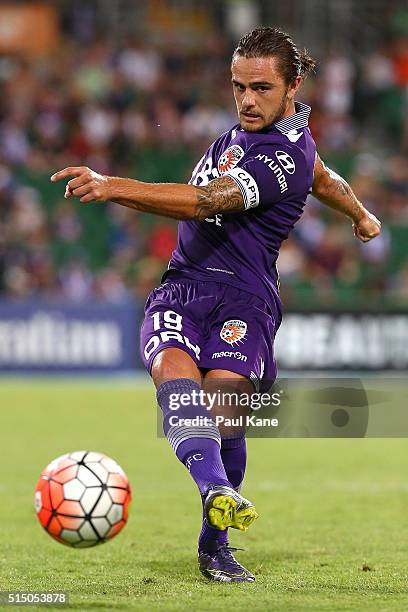 Josh Risdon of the Glory passes the ball during the round 23 A-League match between the Perth Glory and the Central Coast Mariners at nib Stadium on...