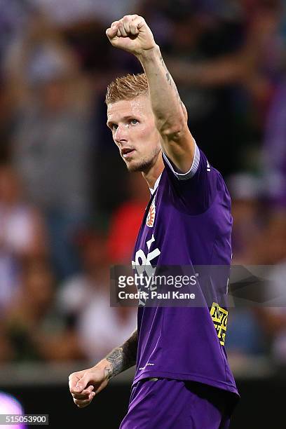 Andy Keogh of the Glory celebrates after a goal from a penalty kick during the round 23 A-League match between the Perth Glory and the Central Coast...