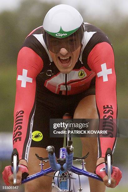 Swiss Fabian Cancellara races his way during the men under 23's Individual time trial of the 2000 World Road Cycling Championships run between...