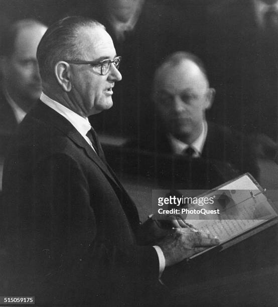 President Lyndon B Johnson delivers his first State of the Union message to a joint session of the US Congress at the Capitol, Washington DC, January...