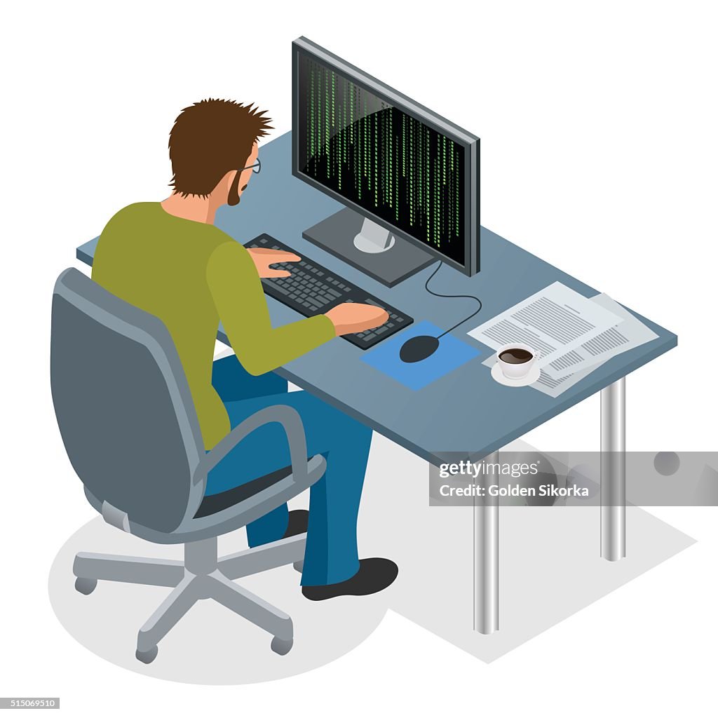 Developer Using Computerflat 3d Isometric Vector Illustration High-Res ...