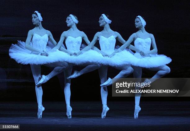 Bolshoi ballet dancers perform the dance of small swans during the rehearsal of the new version of Pyotr Chaikovsky's 'Swans' Lake' ballet in Bolshoi...