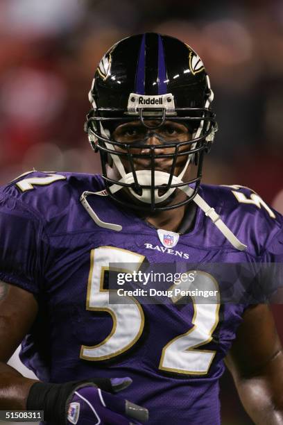 Linebacker Ray Lewis of the Baltimore Ravens stands on the field during the game against the Washington Redskins at FedEx Field on October 10, 2004...