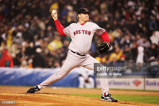 Pitcher Curt Schilling of the Boston Red Sox throws a pitch against the New York Yankees in the first inning during game six of the American League...