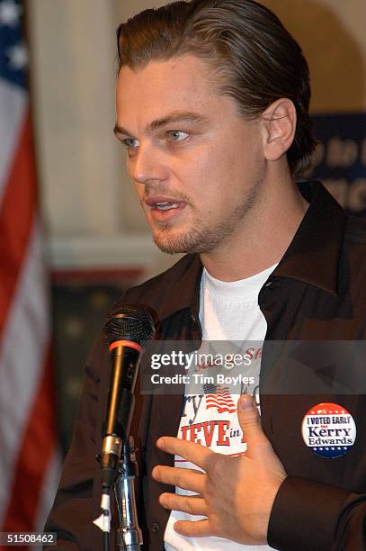 Actor Leonardo DiCaprio speaks to a group of John Kerry supporters October 19, 2004 in Tampa, Florida. DiCaprio told the crowd of about 40 that it...