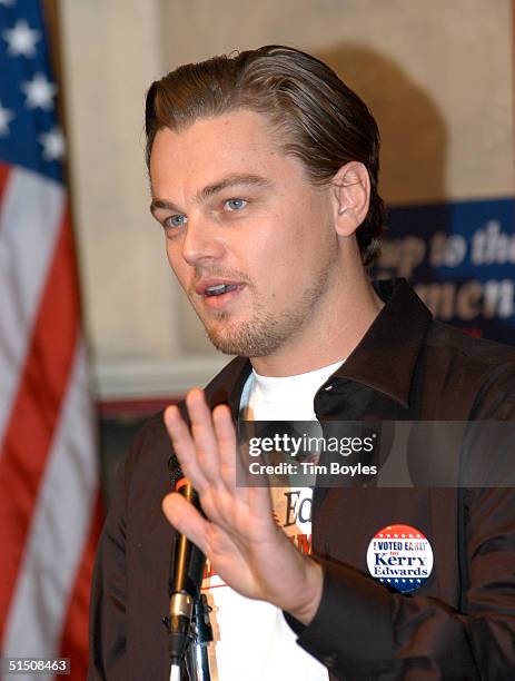 Actor Leonardo DiCaprio speaks to a group of John Kerry supporters October 19, 2004 in Tampa, Florida. DiCaprio told the crowd of about 40 that it...