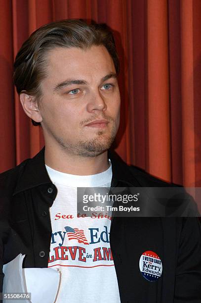 Actor Leonardo DiCaprio looks on after speaking to a group of John Kerry supporters October 19, 2004 in Tampa, Florida. DiCaprio told the crowd of...