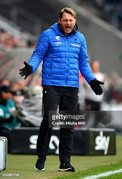 Ralph Hasenhuettl, head coach of Ingolstadt reacts during the Bundesliga match between FC Ingolstadt and VfB Stuttgart at Audi Sportpark on March 12,...