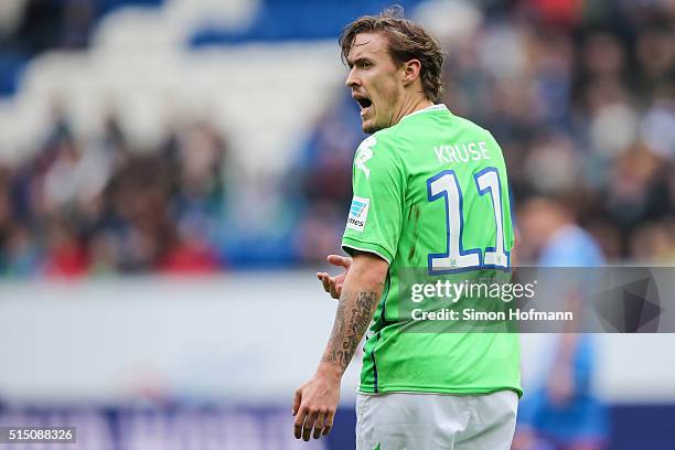 Max Kruse of Wolfsburg reactas during the Bundesliga match between 1899 Hoffenheim and VfL Wolfsburg at Wirsol Rhein-Neckar-Arena on March 12, 2016...