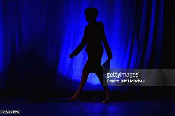 Leader Nicola Sturgeon arrives to deliver her keynote speech to the Scottish National Party Spring conference on March 12, 2016 in Glasgow, Scotland....