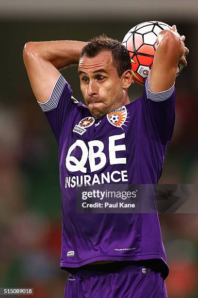 Richard Garcia of the Glory throws the ball in during the round 23 A-League match between the Perth Glory and the Central Coast Mariners at nib...