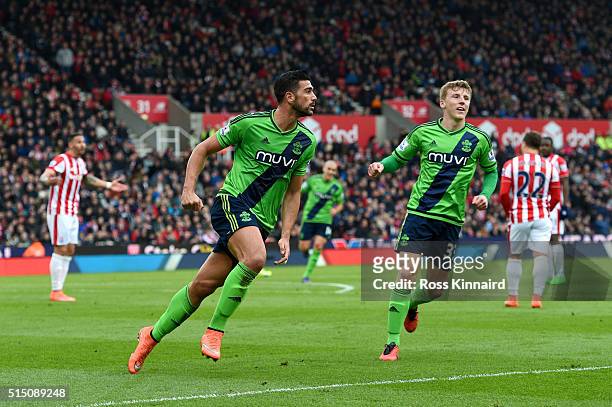 Graziano Pelle of Southampton celebrates scoring his team's second goal during the Barclays Premier League match between Stoke City and Southampton...
