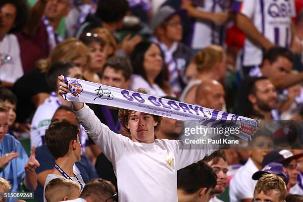 Glory fans show their support during the round 23 A-League match between the Perth Glory and the Central Coast Mariners at nib Stadium on March 12,...