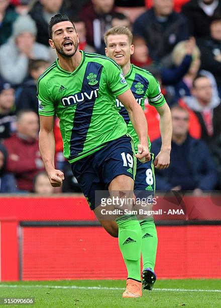 Southampton's Graziano Pelle celebrates after scoring a goal to make it 0-1 during the Barclays Premier League match between Stoke City and...