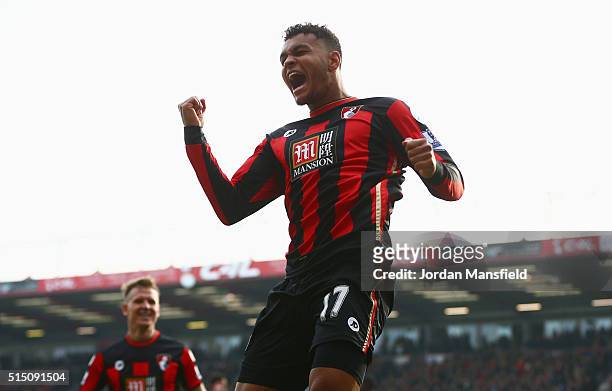 Joshua King of Bournemouth celebrates scoring his team's second goal during the Barclays Premier League match between A.F.C. Bournemouth and Swansea...