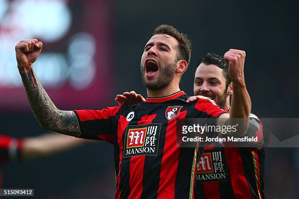 Steve Cook of Bournemouth celebrates scoring his team's third goal during the Barclays Premier League match between A.F.C. Bournemouth and Swansea...