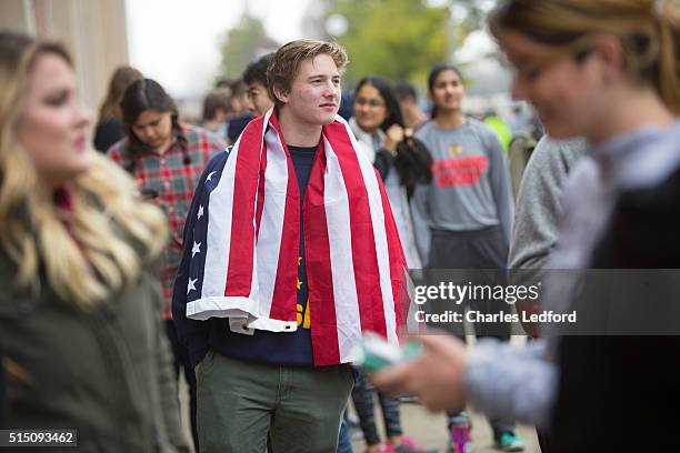 Tanner Bednar waits in line to enter a rally for Democratic presidential candidate U.S. Sen. Bernie Sanders in the Activities and Recreation Center...