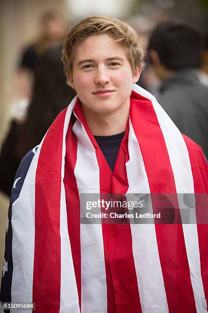 Tanner Bednar waits in line to enter a rally for Democratic presidential candidate U.S. Sen. Bernie Sanders in the Activities and Recreation Center...