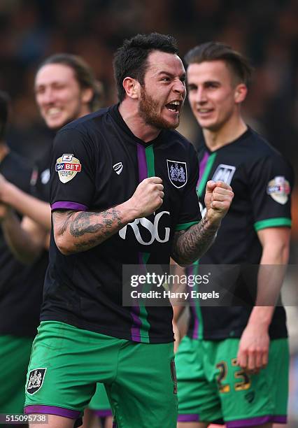 Lee Tomlin of Bristol City celebrates scoring the winning goal from a freekick during the Sky Bet Championship match between Fulham and Bristol City...