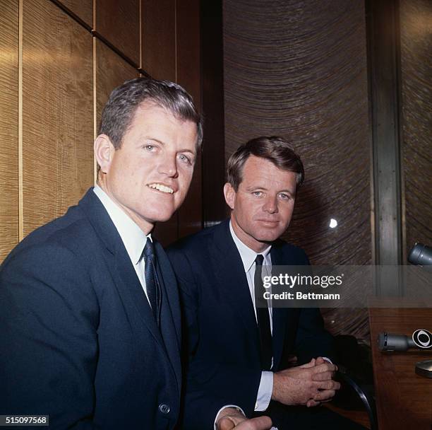 Senator Edward M. Kennedy with brother, Attorney General Robert F. Kennedy at press conference about the President's Library.