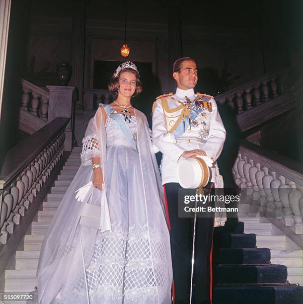 Athens, Greece: King Constantine of Greece and his bride to be Princess Anne Marie of Denmark posing for photographers during the ball at the Athens...