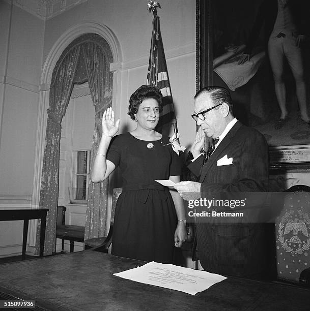 New York State Senate member-designate Constance Baker Motley is sworn into office by Mayor Robert Wagner during a ceremony at City Hall, New York,...