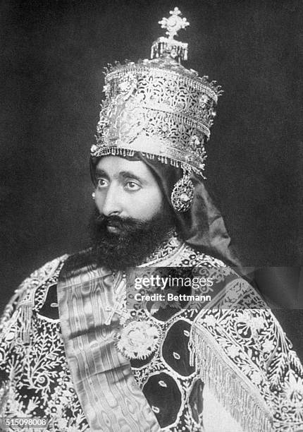 Ethiopian Emperor Ras Tafari in coronation robes and crown. Originally Prince Ras Tafari Makonnen, he became Haile Selassie I, leader of the...