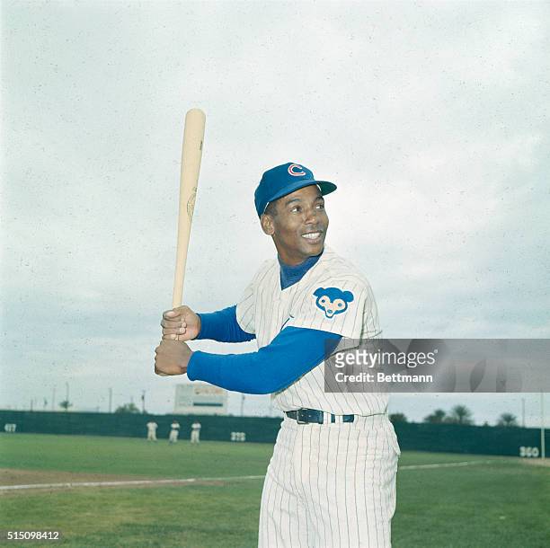 Closeup, Ernie Banks, Chicago Cubs infielder, during spring training. Posed batting shot.