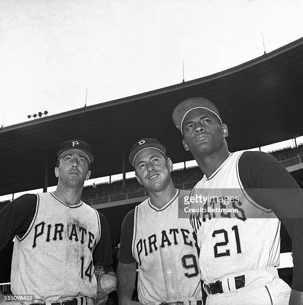 Three Pittsburgh Pirates who were voted to the starting lineup on the National League All-Star team look over Wrigley Field here 6/29 before the game...