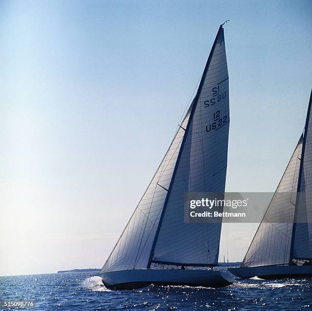 The 12 meter yachts Intrepid and Constellation, in sea workouts for the upcoming America's Cup races. They will begin trials June 5th to determine...