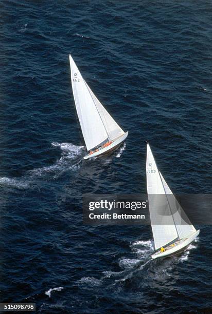 Defender in the America's Cup Race, Intrepid and Australia's challenger in the 12-meter race, Dame Pattie in action during the first day of race,...