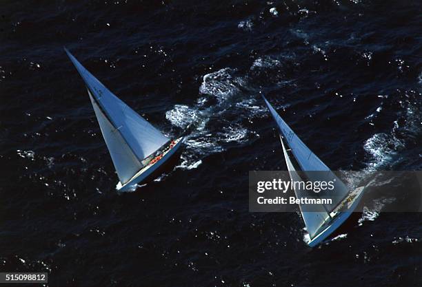 Defender in the America's Cup Race, Intrepid and Australia's challenger in the 12-meter race, Dame Pattie in action during the first day of race,...