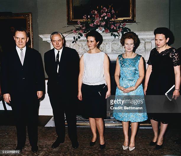 Alexei Kosygin, Harold Wilson, daughter, Ludmilla Gvishiani and Mrs. Mary Wilson, at No. 10 Downing Street.