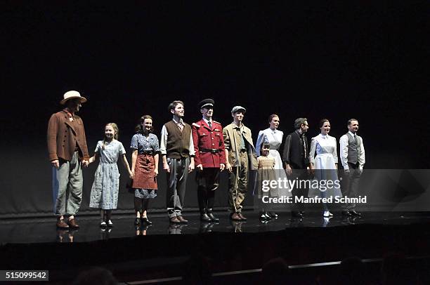 Cast of 'Evita' pose on stage during the 'Evita' musical premiere at Ronacher Theater on March 9, 2016 in Vienna, Austria.