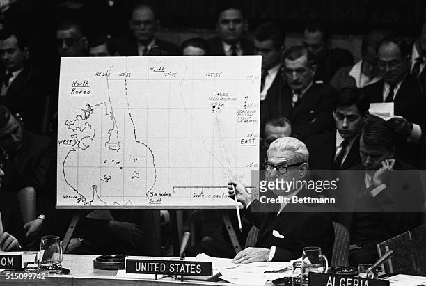 Ambassador Arthur Goldberg uses a map of the Korea area as he takes the Pueblo crisis before the United Nations Security Council on January 16th. His...