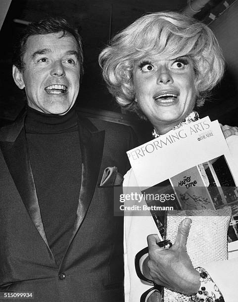 Los Angeles, CA- Carol Channing congratulates Gower Champion backstage after a press performance of Champion's new musical "The Happy Time" at the...