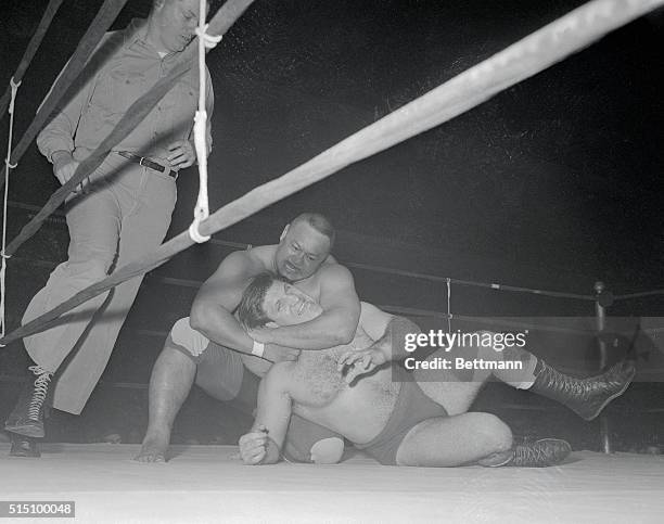 During the final wrestling show at the old Madison Square Garden on January 29th, professor Taro Tanaka of Japan had a strangle hold on Bruno...